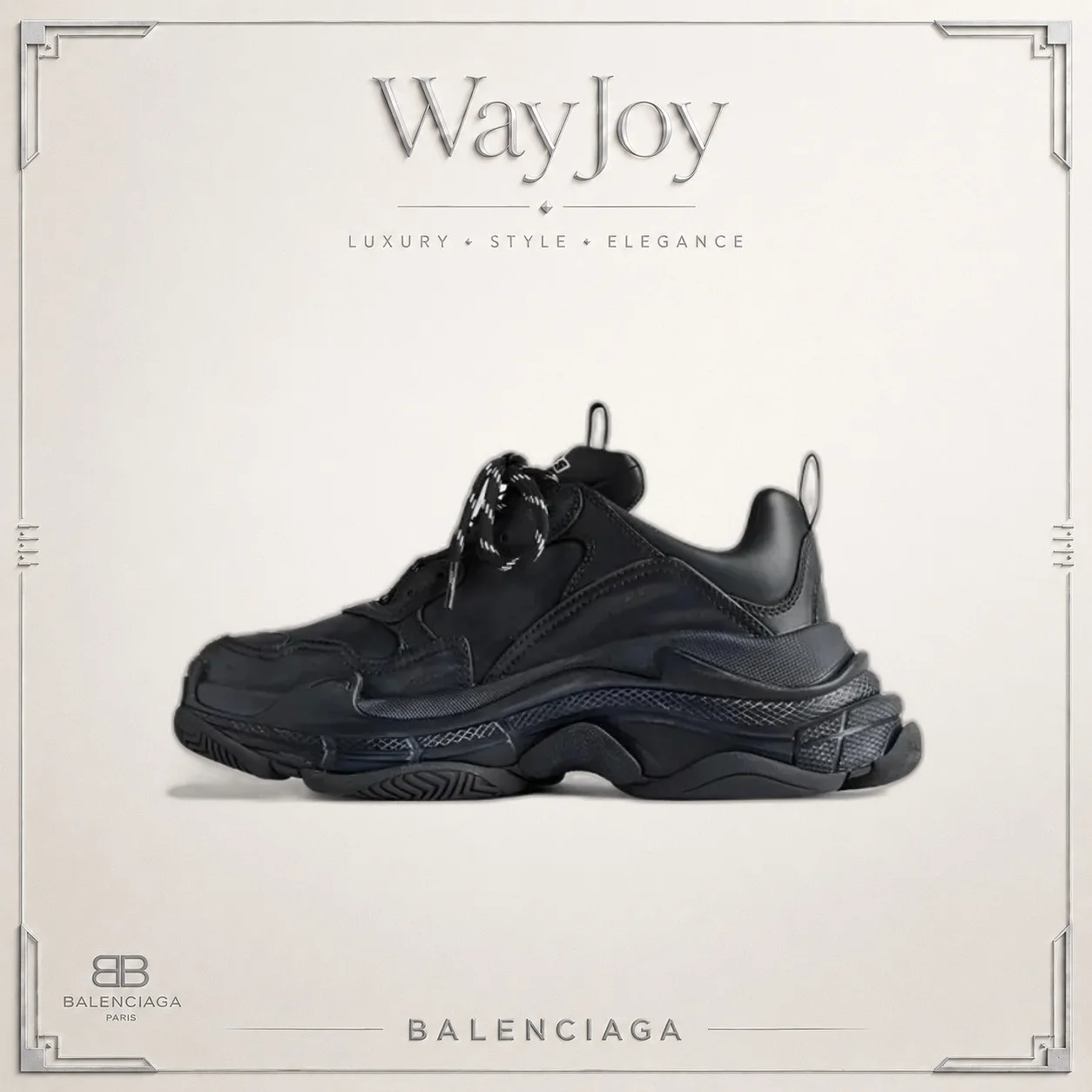 Balenciaga Triple S Round-Toe Chunky-Sole Lace-Up Low-Top Dad Sneaker — Black